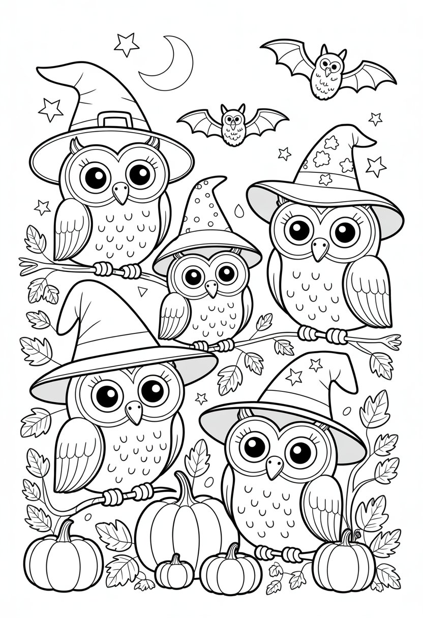 Halloween Coloring Pages Cute Collection of 20 Fun and Easy Designs 39 A group of friendly owls wearing witch hats perched on branches surrounded by pumpkins, autumn leaves, bats, a crescent moon, and stars.